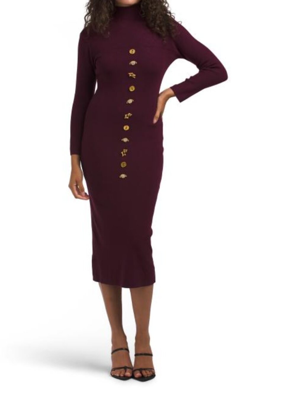 DALIA MACPHEE Plum Mock Neck Long Sleeve Button Embellished Sweater Dress